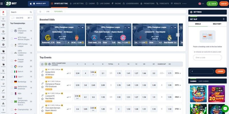 Букмейкерийн 20Bet спортын хуудасны дэлгэцийн агшин