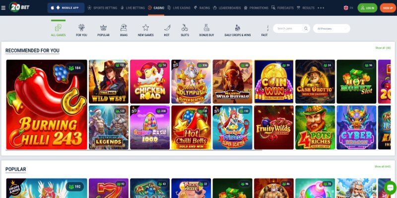 Казиногийн хуудасны дэлгэцийн агшин 20Bet