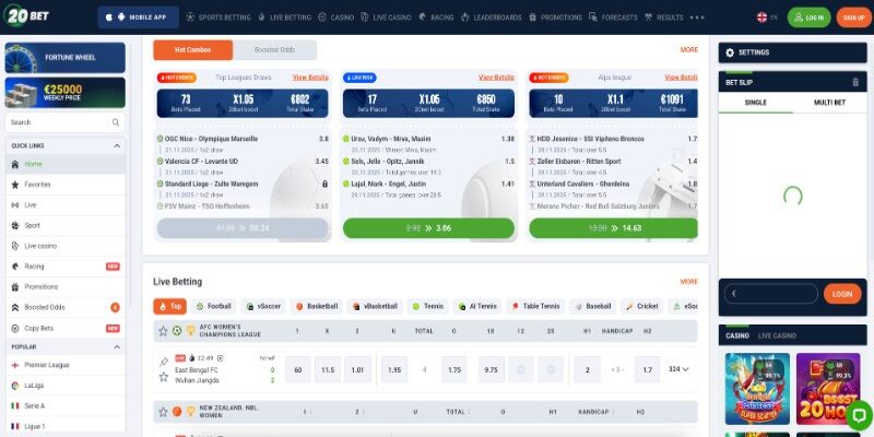 20Bet спортын хуудасны дэлгэцийн агшин