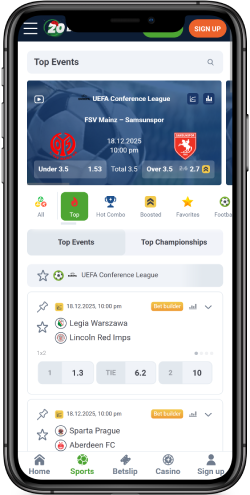 20Bet дээрх спортын хуудасны гар утасны дэлгэцийн агшны зураг