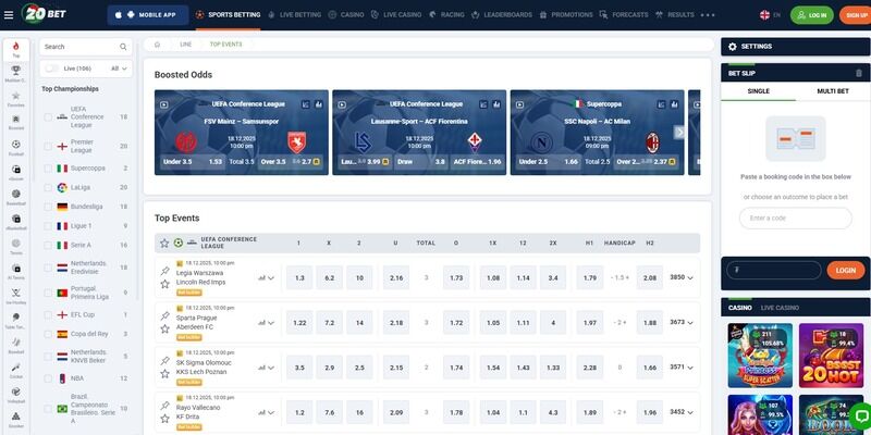 20Bet дээрх спортын хуудасны дэлгэцийн агшны зураг