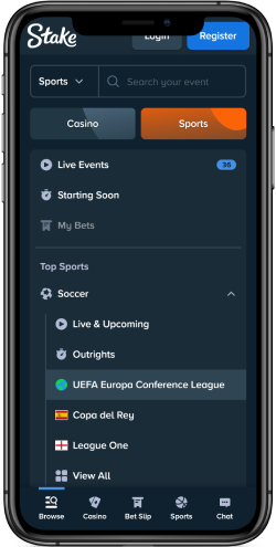 Stake дээрх спортын хуудасны гар утасны дэлгэцийн агшны зураг