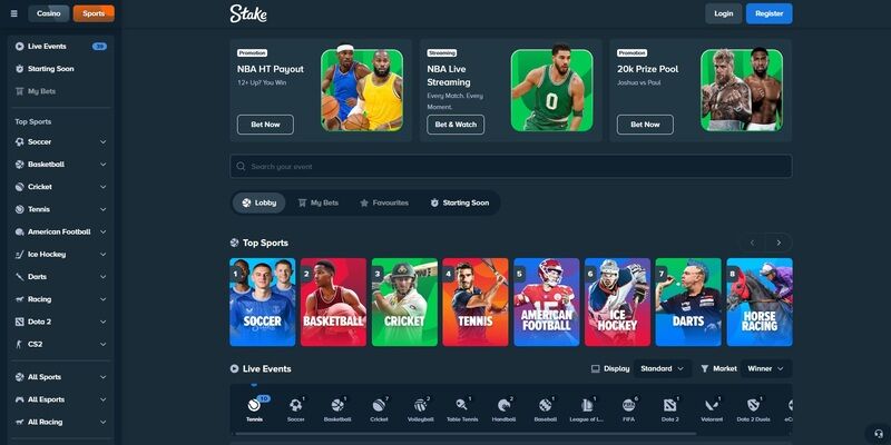 Stake дээрх спортын хуудасны дэлгэцийн агшны зураг