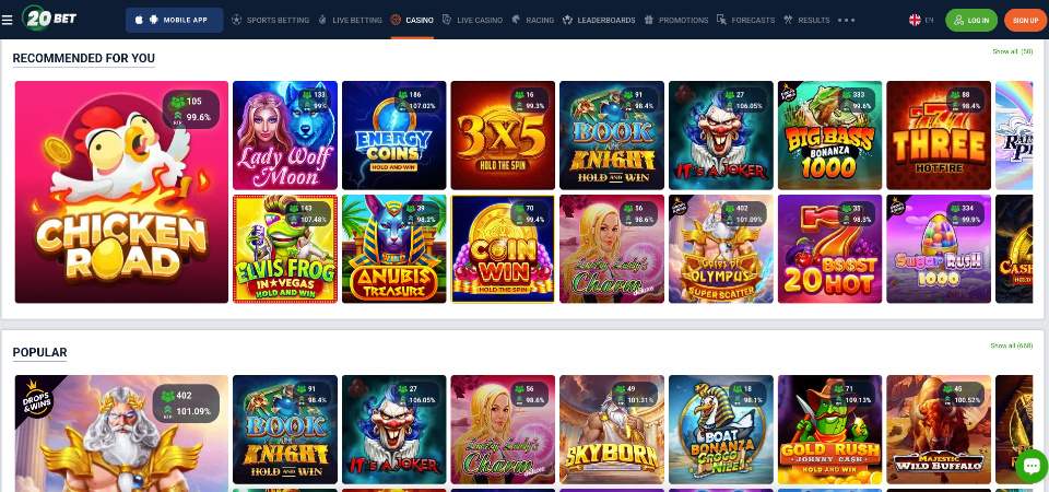 20Bet дээрх казиногийн хэсгийн зураг