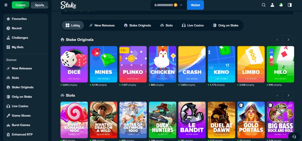 Stake дээрх казиногийн хэсгийн зураг