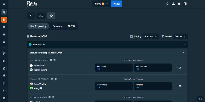 Stake-ийн esports хуудасны дэлгэцийн агшин