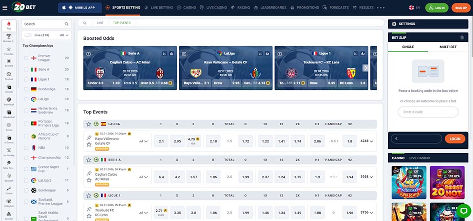 20bet спортын хуудасны дэлгэцийн агшин